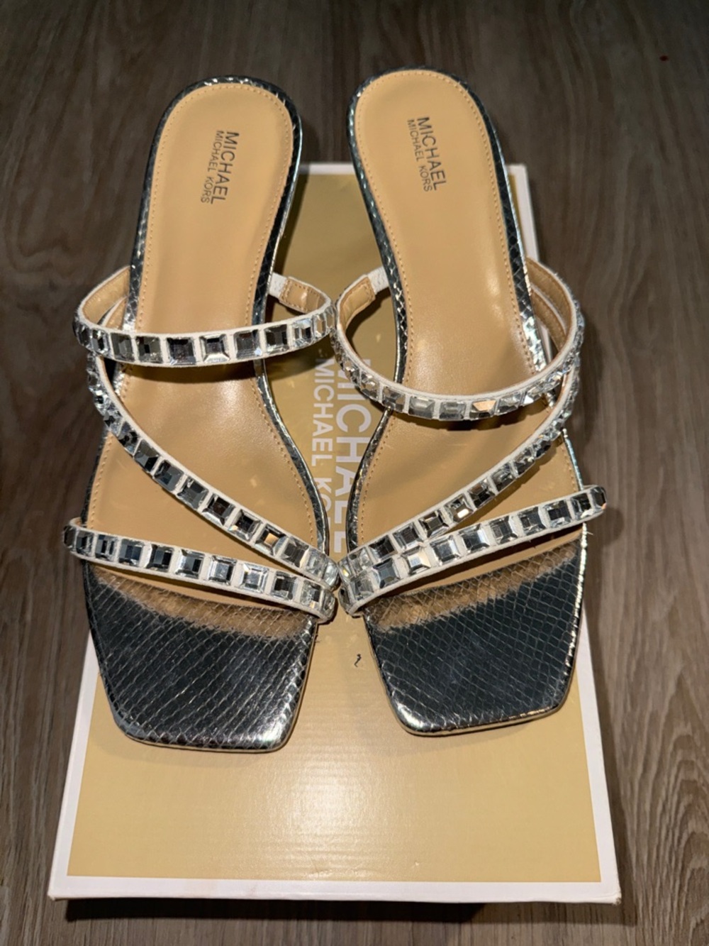 Michael Kors Celia Silver Strappy Crystal-Trim Slide Kitten Heels